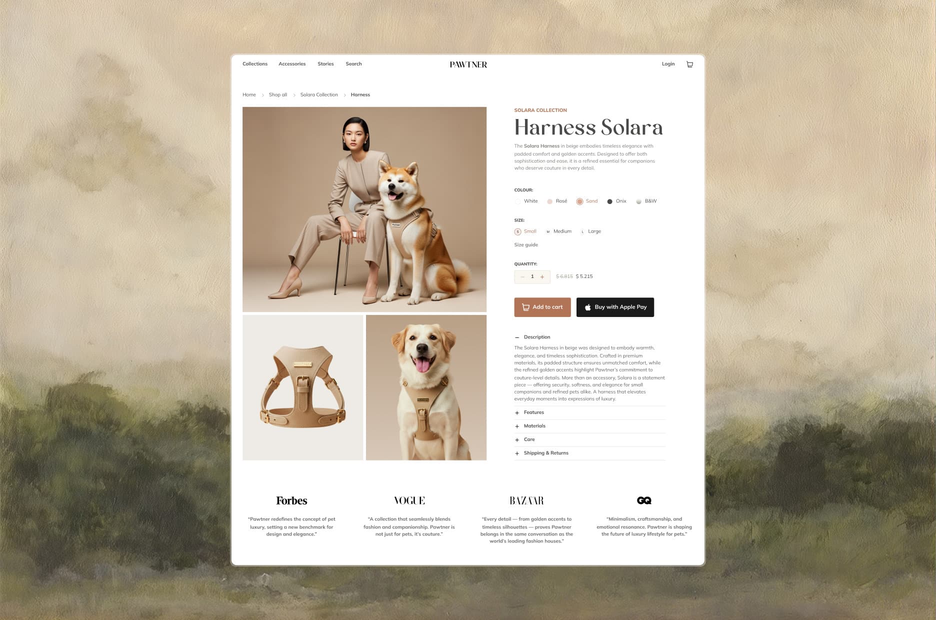 The Harness Solara page on desktop: the colour and size options, Add to cart next to Buy with Apple Pay, and the press quotes