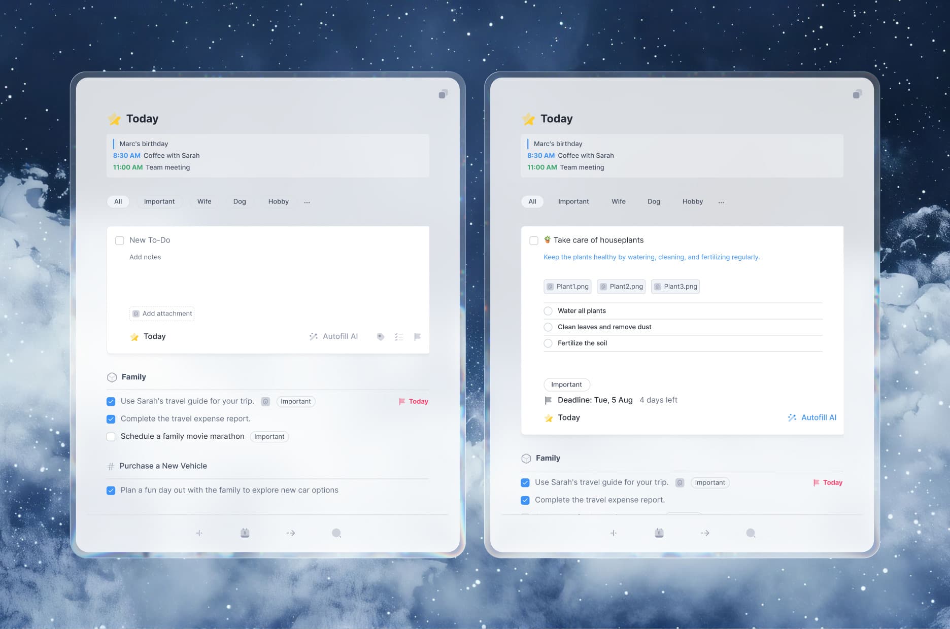 The same two Today windows in the translucent theme, over the night sky