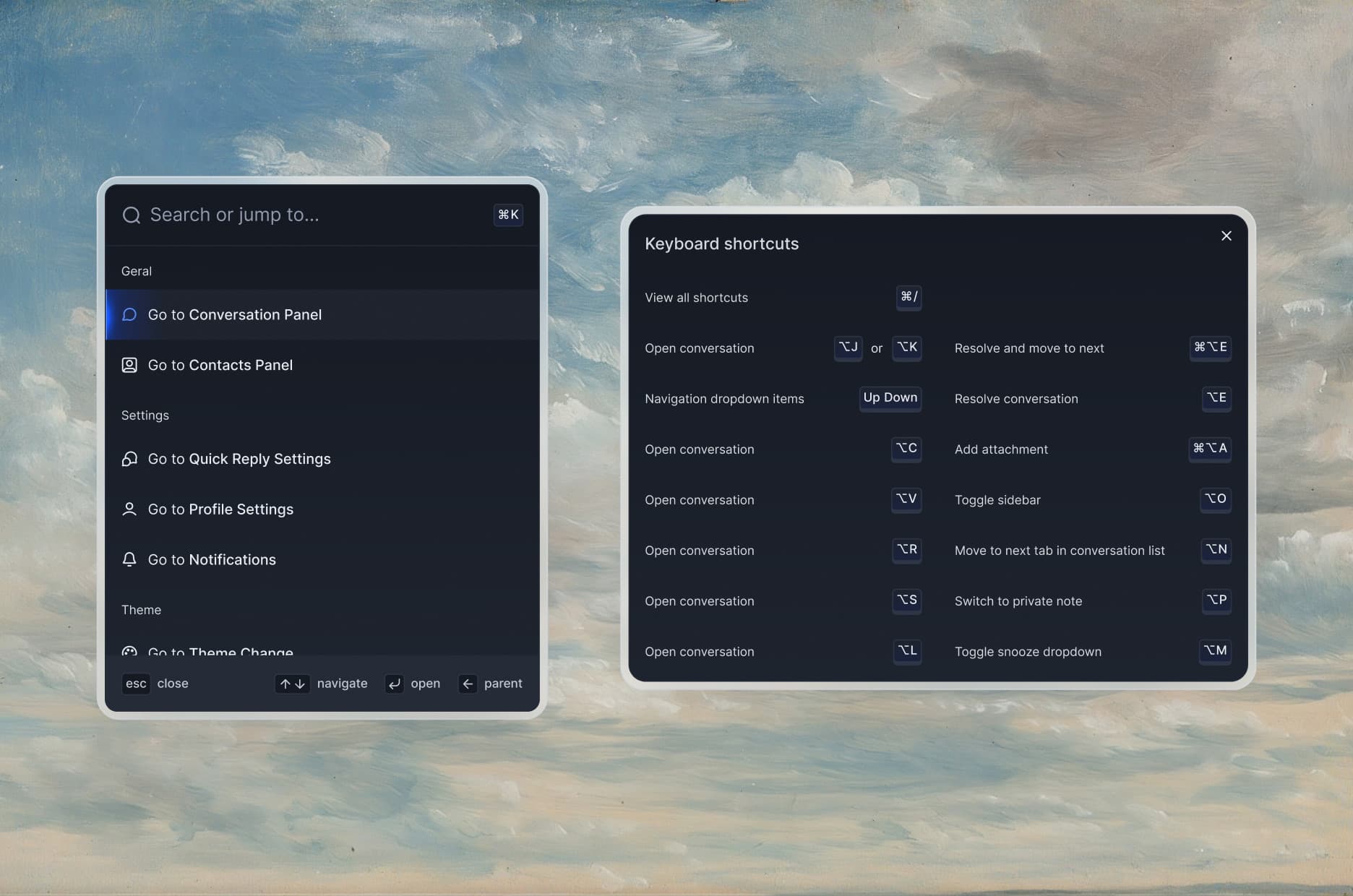 The same command menu and shortcuts panel in the dark theme