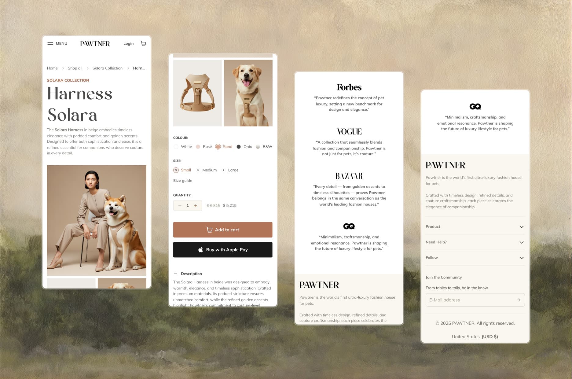 The Harness Solara page on four phone screens: the title and photo, the options and buy buttons, the press quotes, and the footer