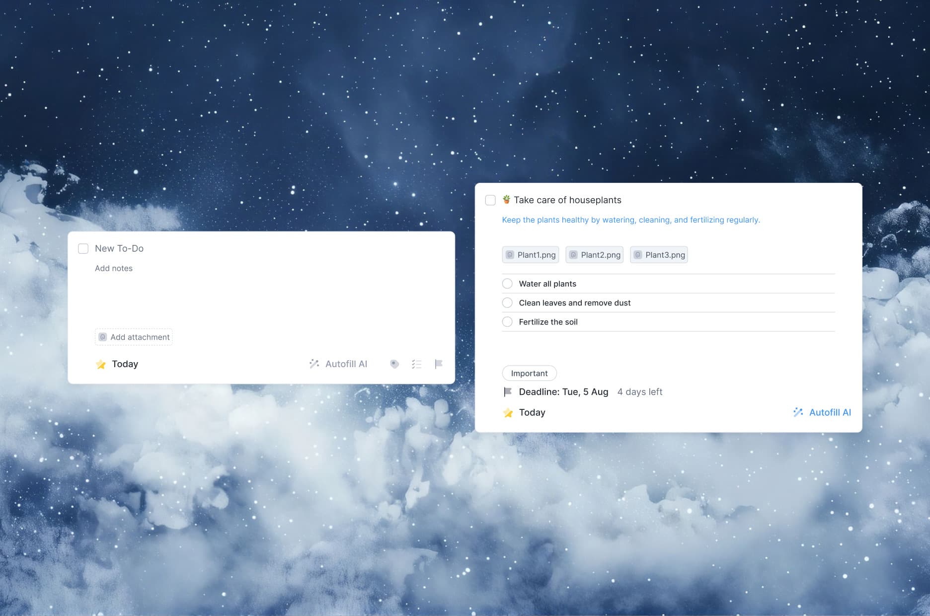 Two to-do cards up close: an empty new to-do with an attachment slot and Autofill AI, and the houseplants to-do with three subtasks, a tag, and a deadline