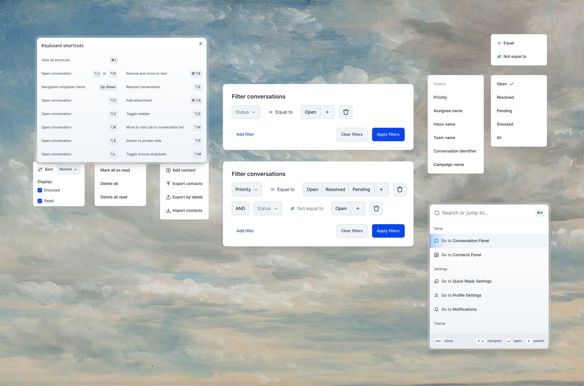 A sheet of the platform's components: the shortcuts panel, the sort menu, the filter conversations builder, the status and operator dropdowns, and the command menu