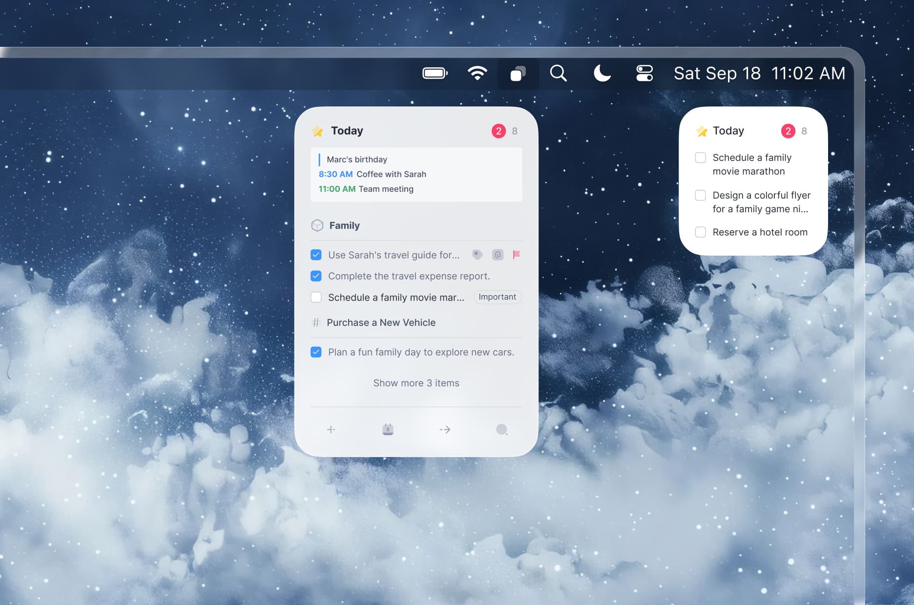 The macOS menu bar with the Today widget open below it, next to a smaller widget with three tasks