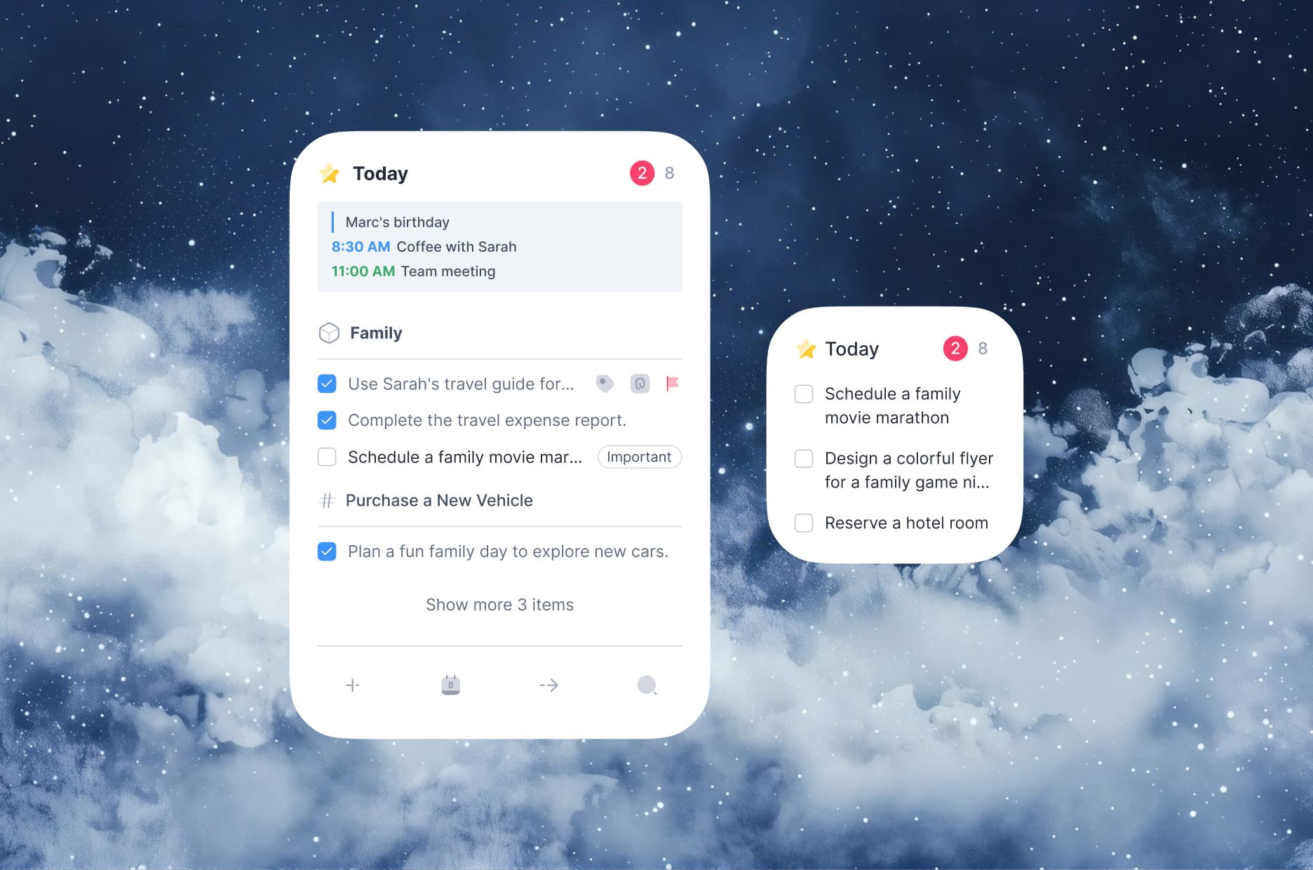The Today widget in two sizes: a fuller agenda with a Show more 3 items link, and a compact list of three tasks