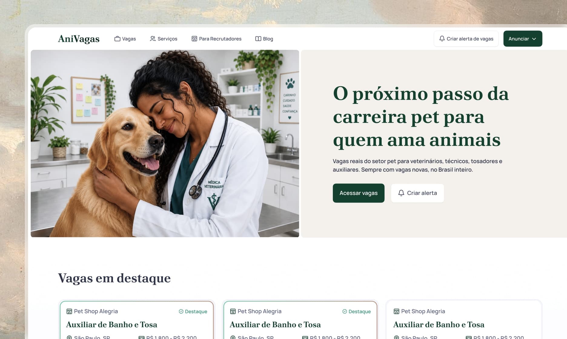 The AniVagas home on desktop: the hero, with a vet hugging a golden retriever, and the featured jobs