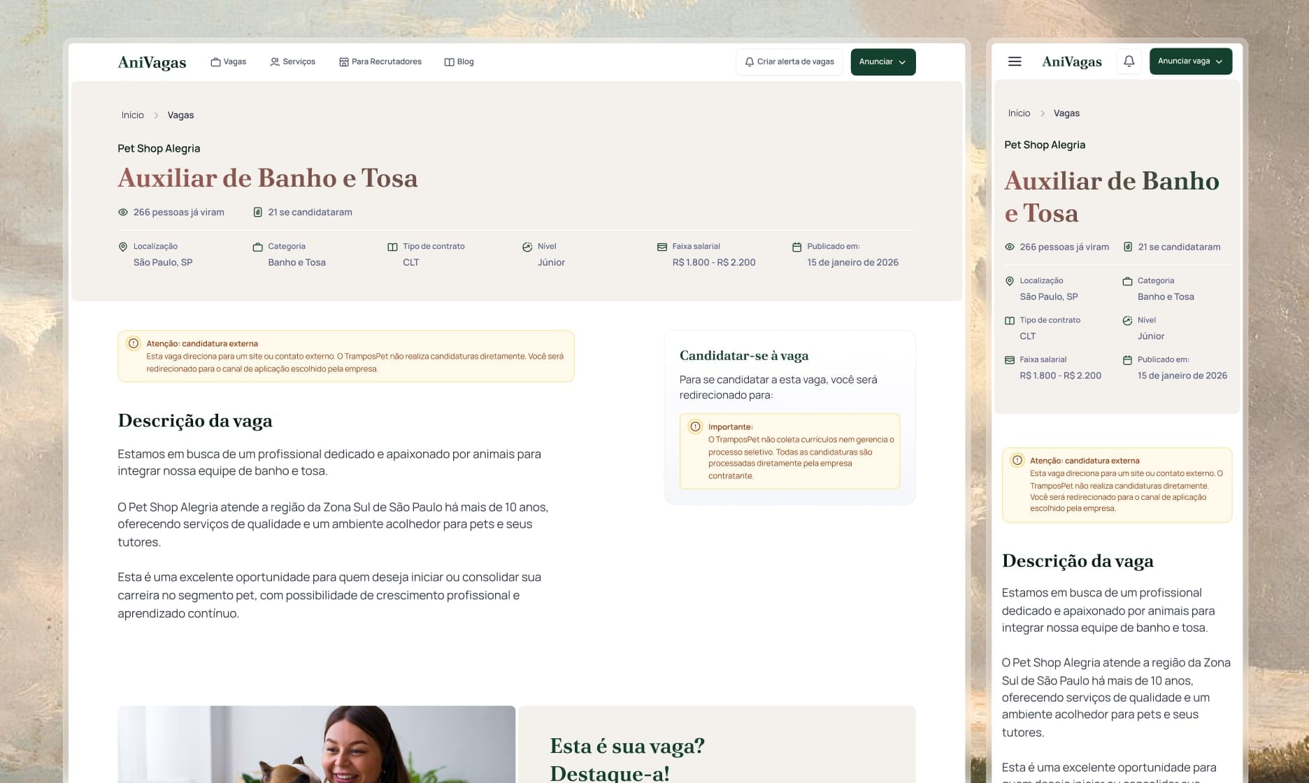 A job page on desktop and on a phone: the job details and the apply panel