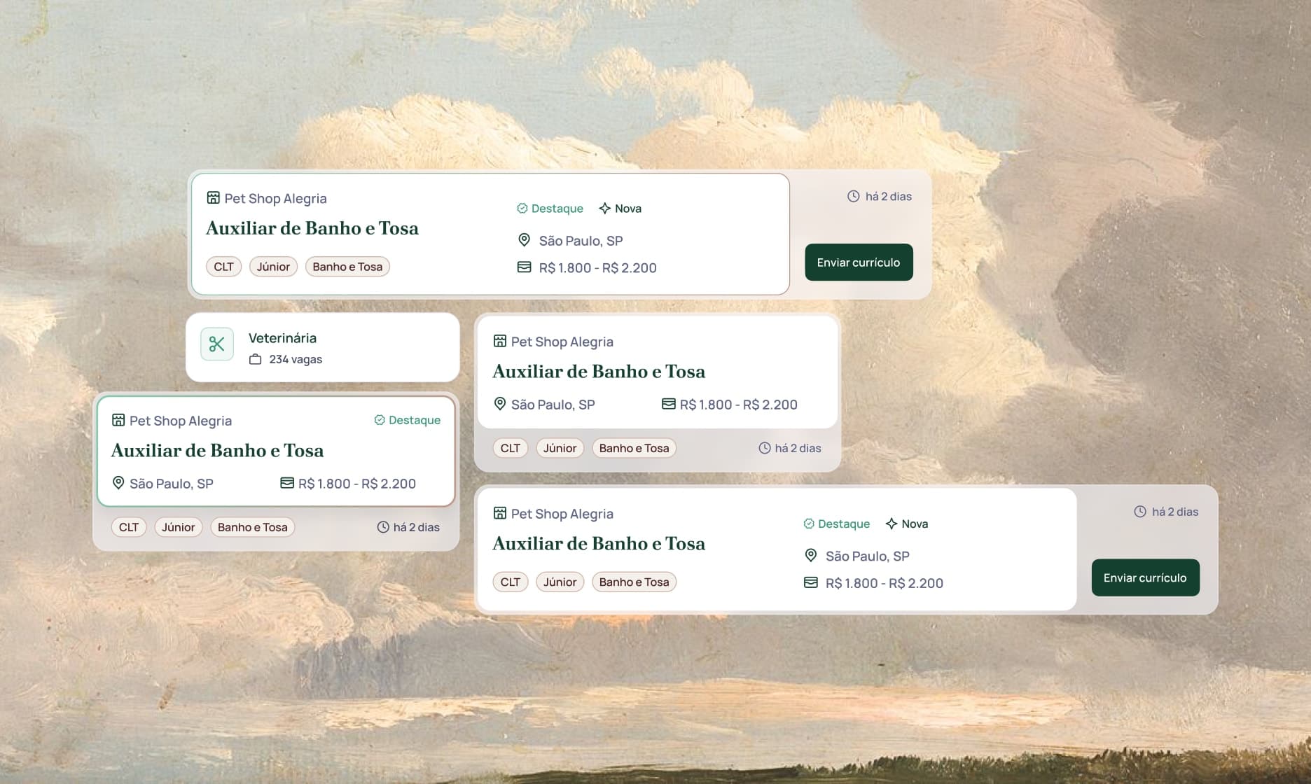 Job cards from the listing, with the featured tag, the salary range and the contract tags